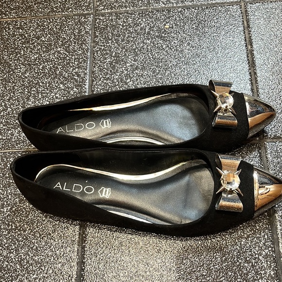 Aldo black pointy toe flats with silver and crystal embellishments. - Picture 6 of 7